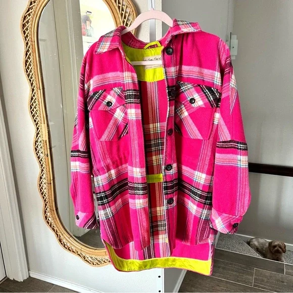 Free People / Down For You Plaid Shirt Jacket Pink - Picture 1 of 10